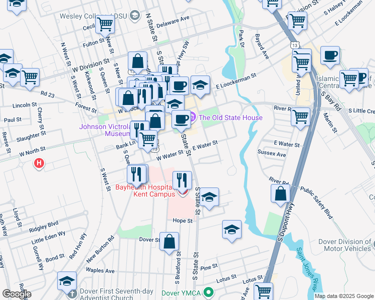 map of restaurants, bars, coffee shops, grocery stores, and more near 100 West Water Street in Dover
