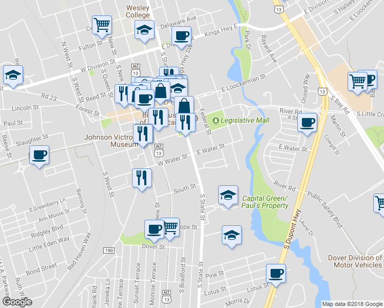 map of restaurants, bars, coffee shops, grocery stores, and more near S State St & W Water St in Dover