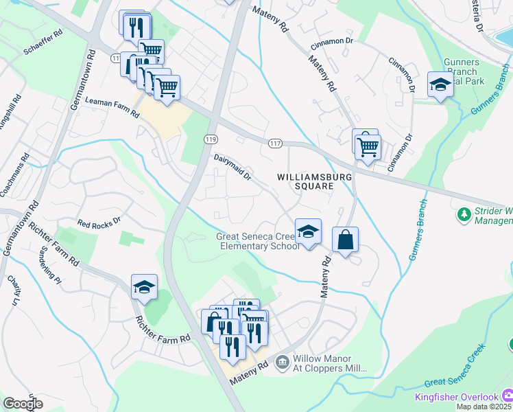 map of restaurants, bars, coffee shops, grocery stores, and more near 18020 Chalet Drive in Germantown