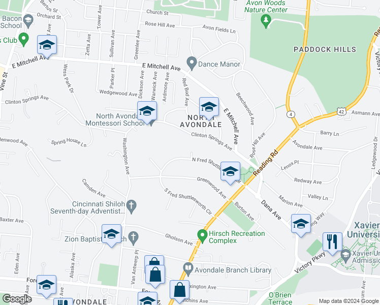 map of restaurants, bars, coffee shops, grocery stores, and more near 710 North Fred Shuttlesworth Circle in Cincinnati