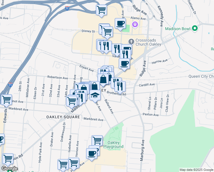 map of restaurants, bars, coffee shops, grocery stores, and more near 3201 Madison Road in Cincinnati