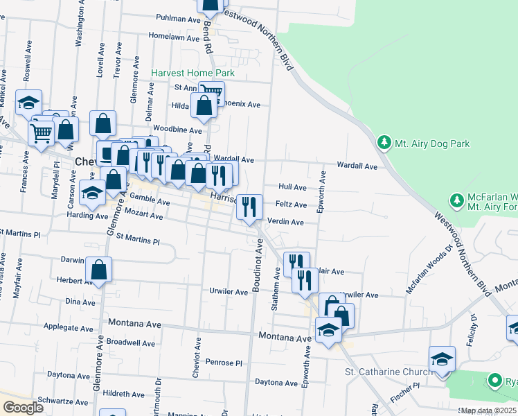 map of restaurants, bars, coffee shops, grocery stores, and more near 3218 Harrison Avenue in Cincinnati