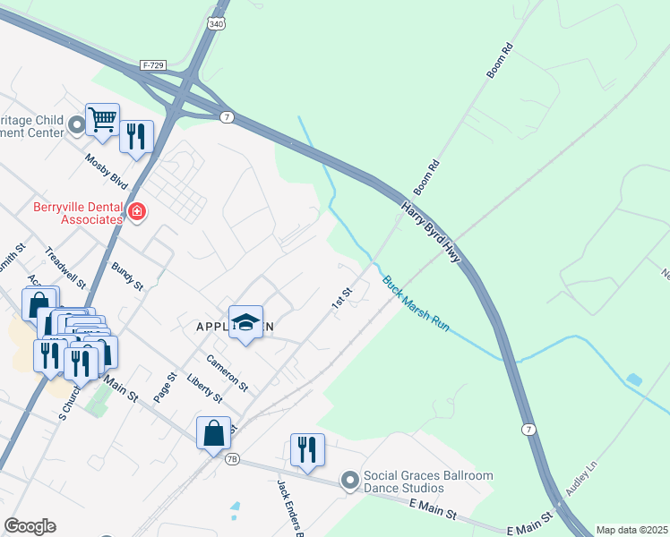 map of restaurants, bars, coffee shops, grocery stores, and more near 343 1st Street in Berryville