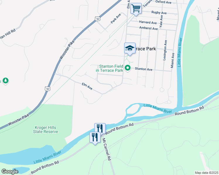 map of restaurants, bars, coffee shops, grocery stores, and more near 801 Princeton Drive in Terrace Park