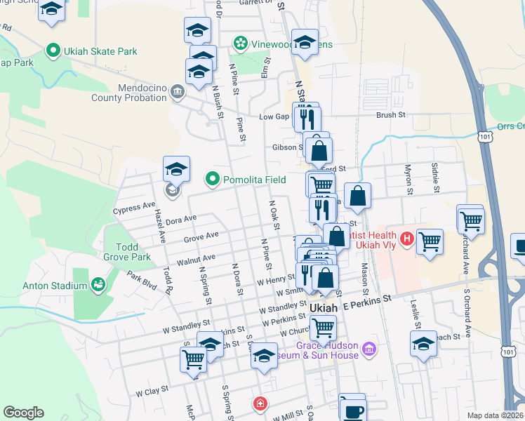 map of restaurants, bars, coffee shops, grocery stores, and more near 709 North Pine Street in Ukiah