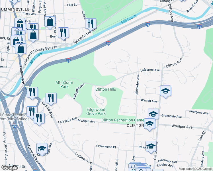 map of restaurants, bars, coffee shops, grocery stores, and more near 517 Lafayette Avenue in Cincinnati