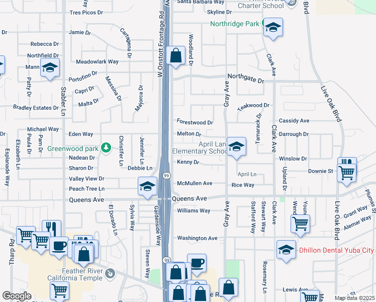 map of restaurants, bars, coffee shops, grocery stores, and more near 1248 Casita Drive in Yuba City