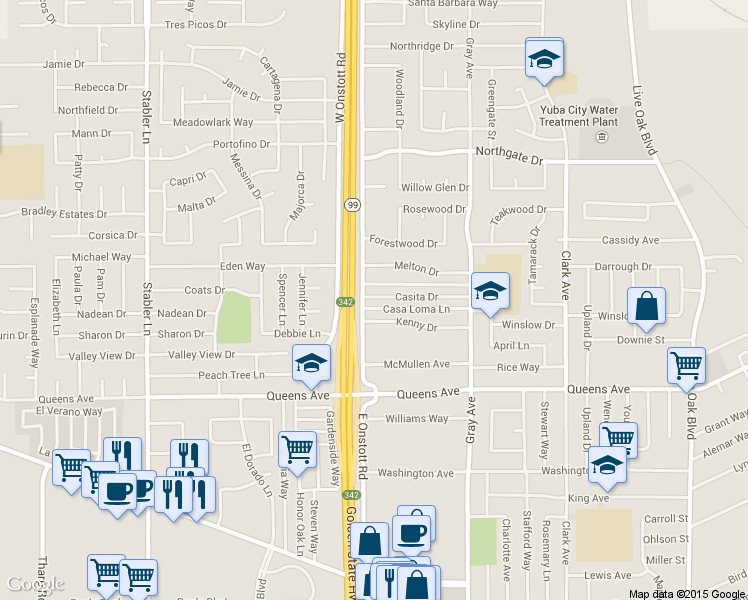 map of restaurants, bars, coffee shops, grocery stores, and more near 1288 Casita Drive in Yuba City