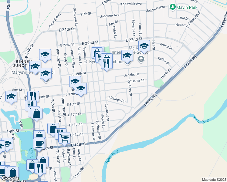 map of restaurants, bars, coffee shops, grocery stores, and more near 522 East 17th Street in Marysville