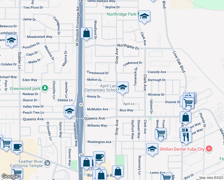 map of restaurants, bars, coffee shops, grocery stores, and more near 1118 Casita Drive in Yuba City