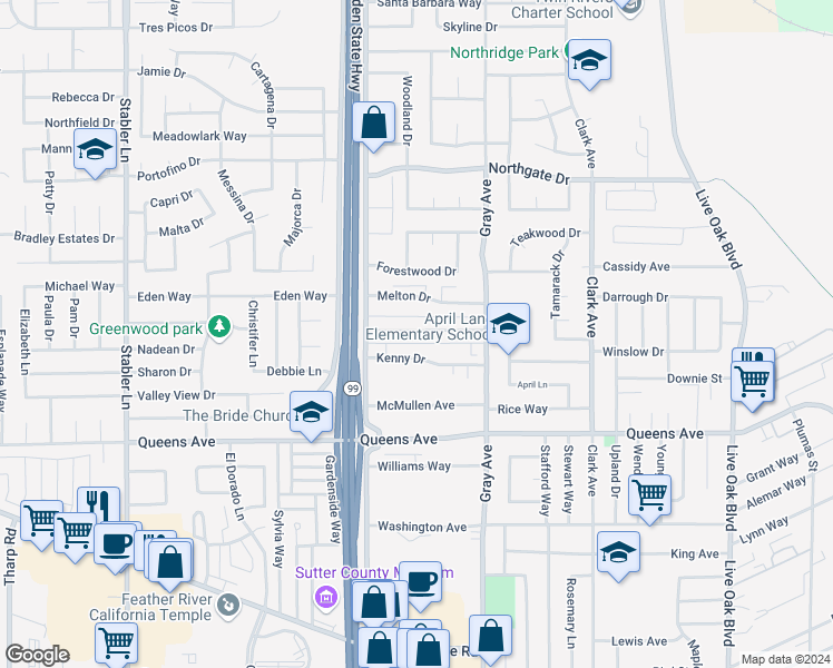 map of restaurants, bars, coffee shops, grocery stores, and more near 1248 Casita Drive in Yuba City