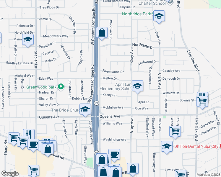 map of restaurants, bars, coffee shops, grocery stores, and more near 1248 Casita Drive in Yuba City