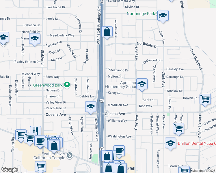 map of restaurants, bars, coffee shops, grocery stores, and more near 1288 Casita Drive in Yuba City
