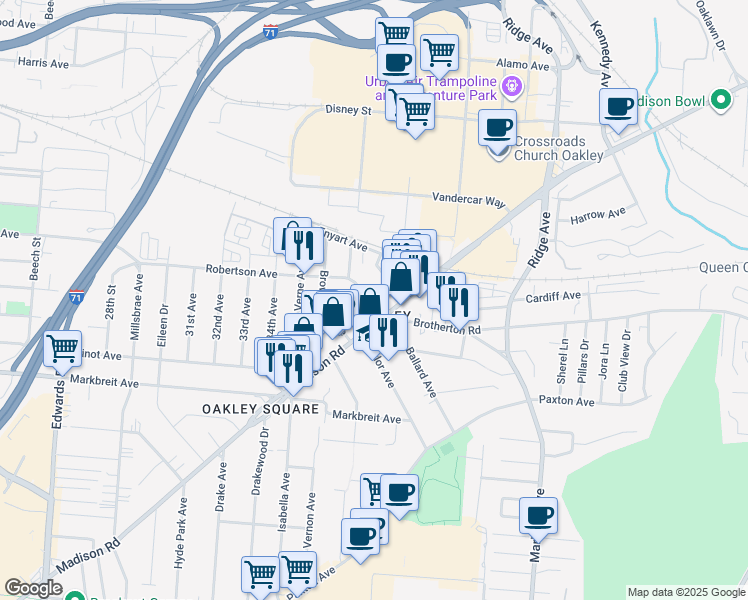 map of restaurants, bars, coffee shops, grocery stores, and more near 4213 Appleton Street in Cincinnati