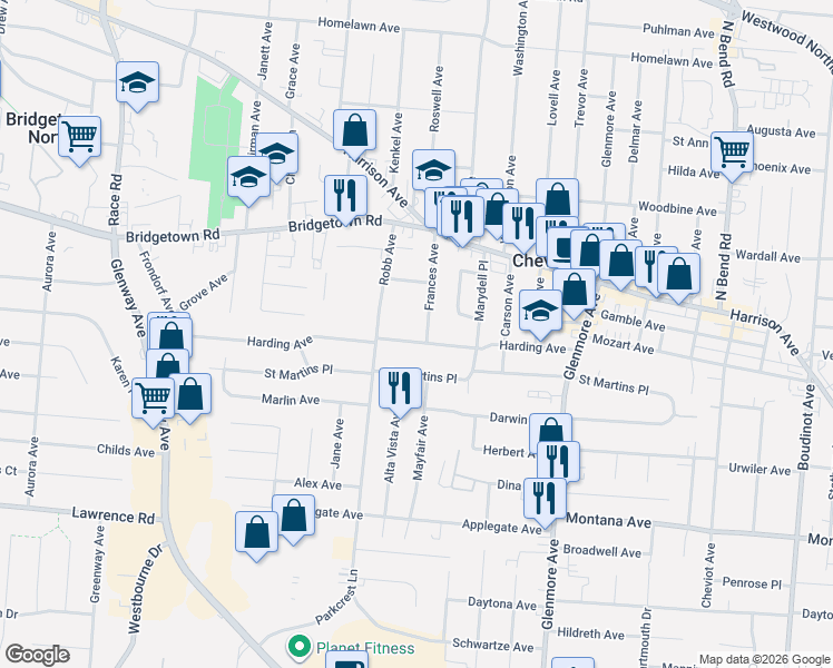 map of restaurants, bars, coffee shops, grocery stores, and more near 3701 Frances Avenue in Cincinnati