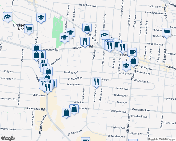 map of restaurants, bars, coffee shops, grocery stores, and more near 4209 Harding Avenue in Cheviot
