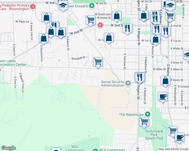 map of restaurants, bars, coffee shops, grocery stores, and more near 1100 Strong Drive in Bloomington