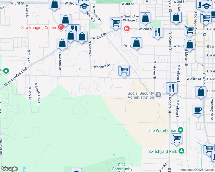 map of restaurants, bars, coffee shops, grocery stores, and more near 1377 West Allen Street in Bloomington