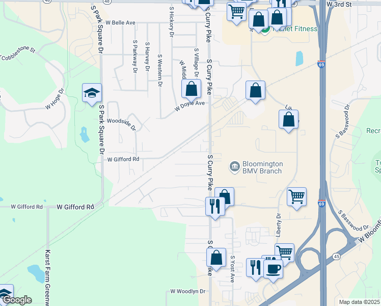 map of restaurants, bars, coffee shops, grocery stores, and more near 4183 West Stebu Lane in Bloomington