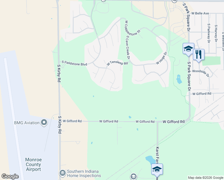 map of restaurants, bars, coffee shops, grocery stores, and more near 5585 West Buckskin Court in Bloomington