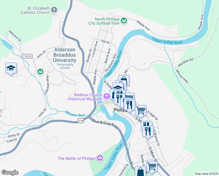 map of restaurants, bars, coffee shops, grocery stores, and more near 213 North Walnut Street in Philippi