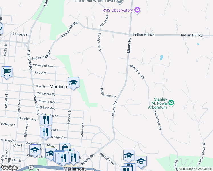map of restaurants, bars, coffee shops, grocery stores, and more near 4750 Burley Hills Drive in Cincinnati