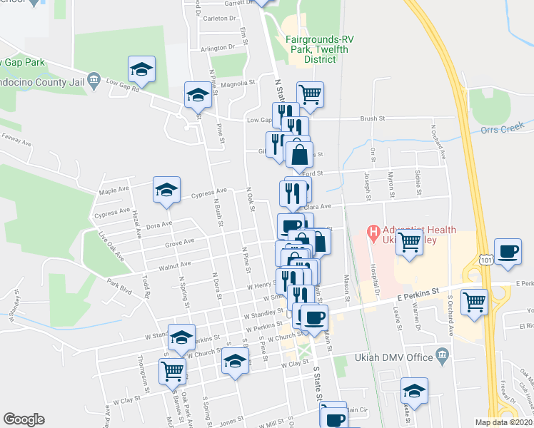 map of restaurants, bars, coffee shops, grocery stores, and more near 566 North School Street in Ukiah