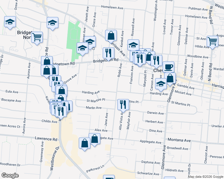 map of restaurants, bars, coffee shops, grocery stores, and more near 4209 Harding Avenue in Cheviot
