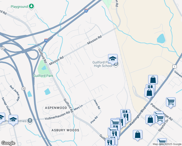 map of restaurants, bars, coffee shops, grocery stores, and more near 8678 Rose Ln in Jessup