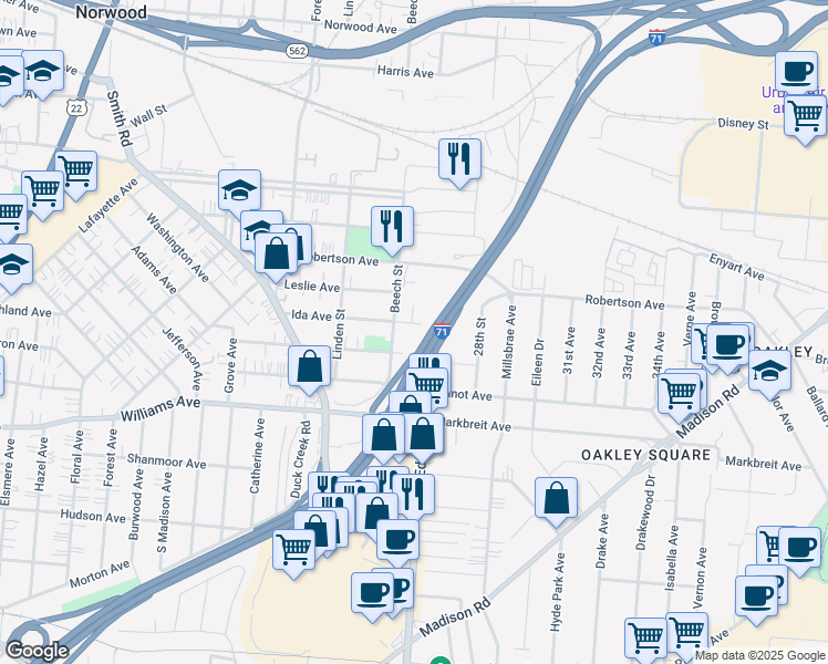 map of restaurants, bars, coffee shops, grocery stores, and more near 2711 Ida Avenue in Cincinnati