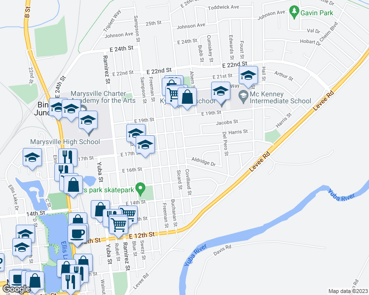 map of restaurants, bars, coffee shops, grocery stores, and more near 1716 Covillaud Street in Marysville