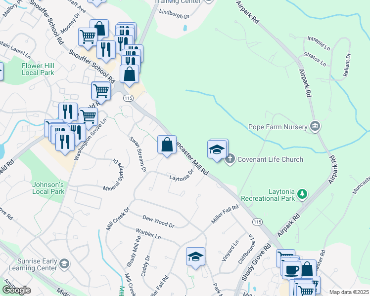 map of restaurants, bars, coffee shops, grocery stores, and more near 7615 Muncaster Mill Road in Gaithersburg