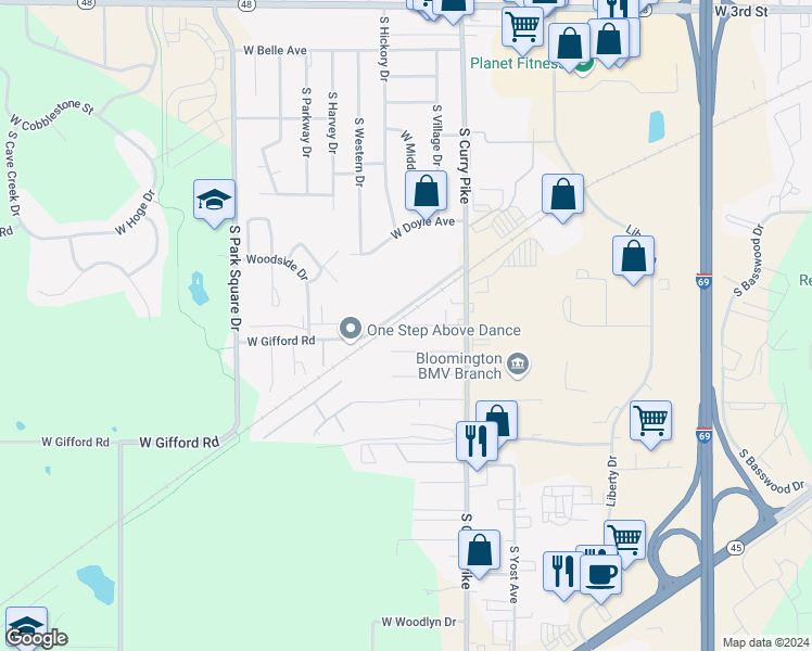 map of restaurants, bars, coffee shops, grocery stores, and more near 4243 West Stebu Lane in Bloomington