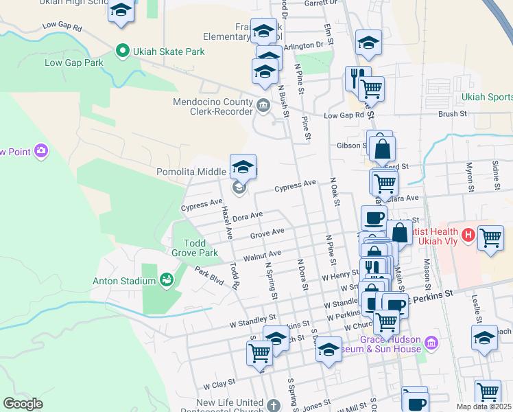 map of restaurants, bars, coffee shops, grocery stores, and more near 740 North Spring Street in Ukiah