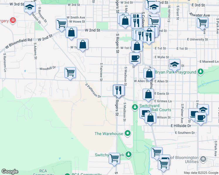 map of restaurants, bars, coffee shops, grocery stores, and more near 514 West Davis Street in Bloomington