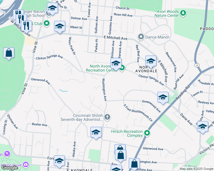 map of restaurants, bars, coffee shops, grocery stores, and more near 3850 Washington Avenue in Cincinnati