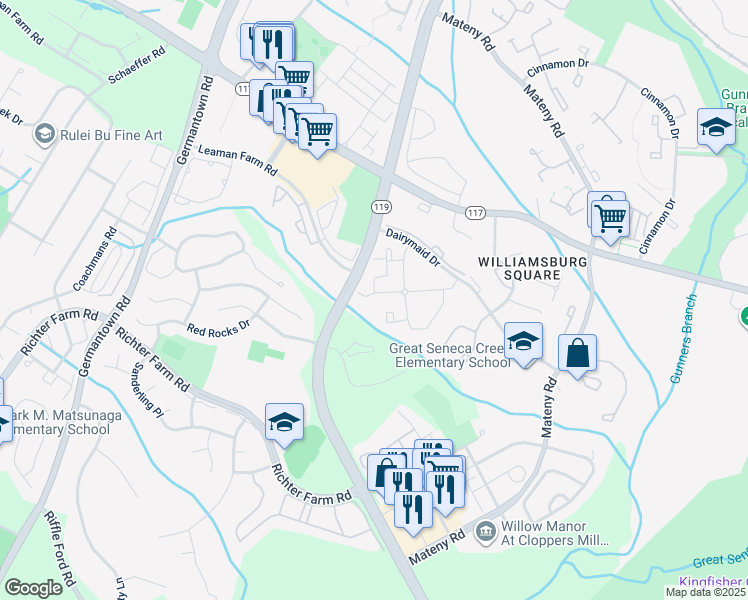 map of restaurants, bars, coffee shops, grocery stores, and more near 13256 Wonderland Way in Germantown
