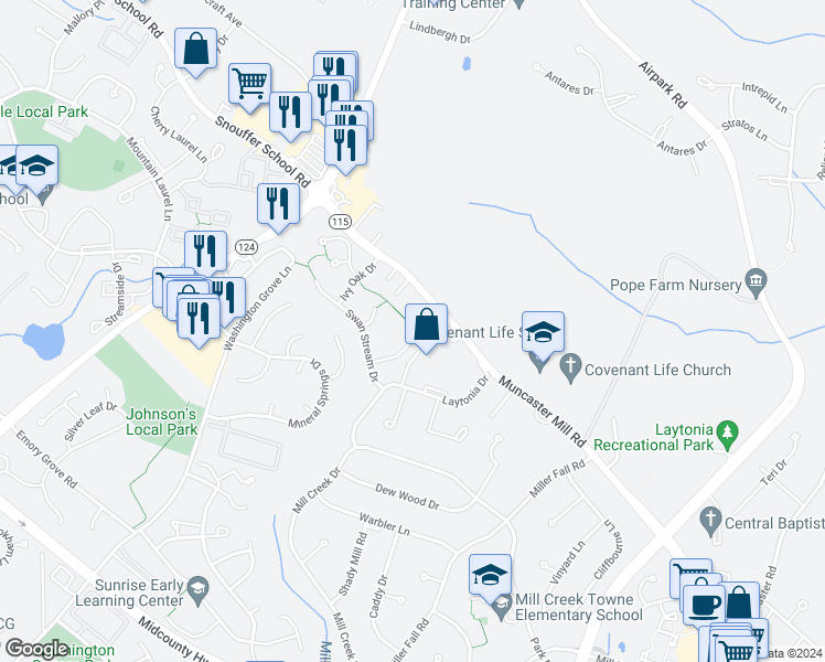 map of restaurants, bars, coffee shops, grocery stores, and more near 7611 Creekstone Court in Gaithersburg