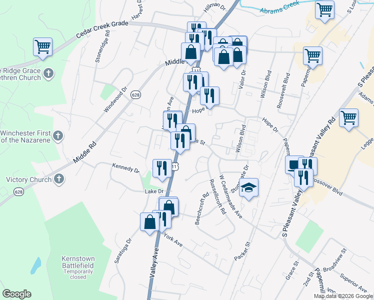 map of restaurants, bars, coffee shops, grocery stores, and more near 2617 Cornerstone Circle in Winchester