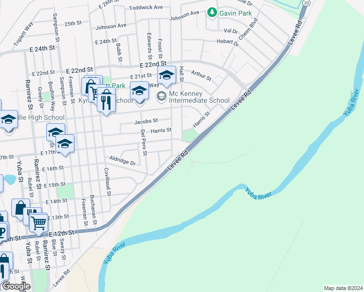 map of restaurants, bars, coffee shops, grocery stores, and more near 1100 East 17th Street in Marysville