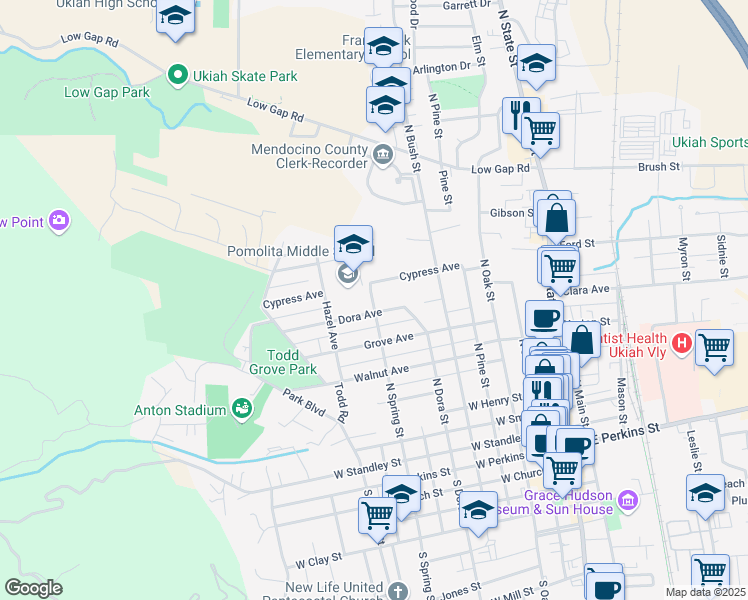 map of restaurants, bars, coffee shops, grocery stores, and more near 700-798 Dora Ave in Ukiah