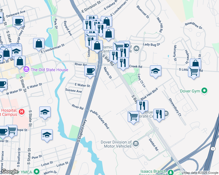 map of restaurants, bars, coffee shops, grocery stores, and more near 550 South Bay Road in Dover