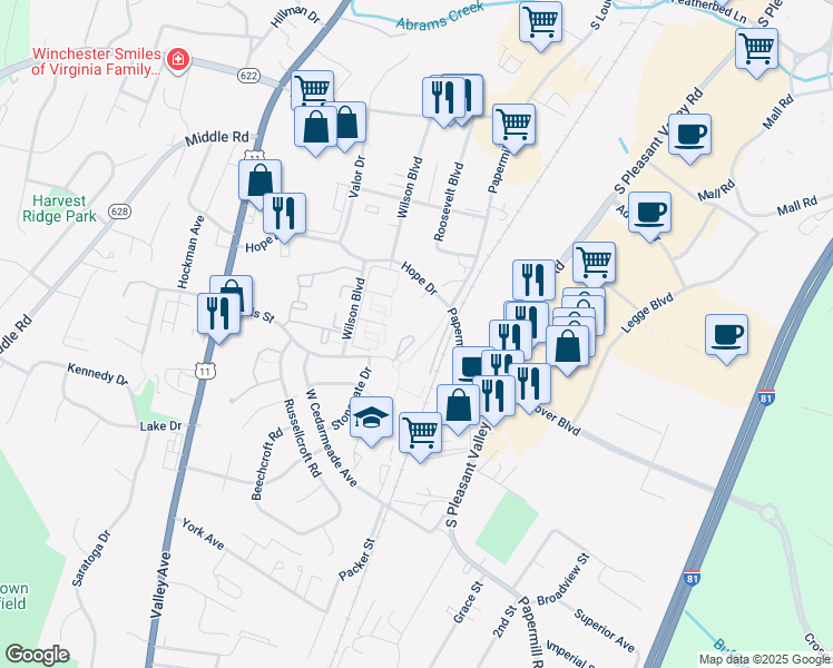 map of restaurants, bars, coffee shops, grocery stores, and more near 100 Tevis Street in Winchester