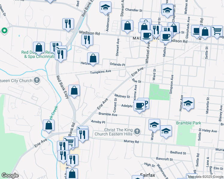 map of restaurants, bars, coffee shops, grocery stores, and more near 5652 Erie Avenue in Cincinnati