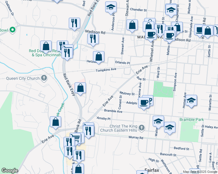 map of restaurants, bars, coffee shops, grocery stores, and more near 5652 Erie Avenue in Cincinnati