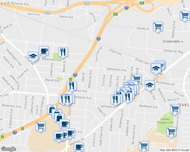 map of restaurants, bars, coffee shops, grocery stores, and more near 4217 Eileen Drive in Cincinnati
