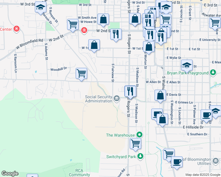 map of restaurants, bars, coffee shops, grocery stores, and more near 1116 South Fairview Street in Bloomington