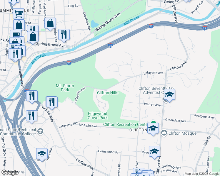 map of restaurants, bars, coffee shops, grocery stores, and more near 517 Lafayette Avenue in Cincinnati