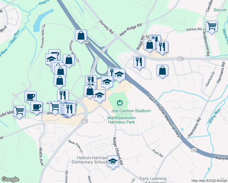 map of restaurants, bars, coffee shops, grocery stores, and more near 7583 Teague Road in Severn
