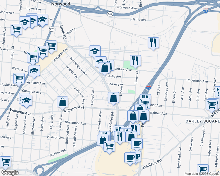 map of restaurants, bars, coffee shops, grocery stores, and more near 4300 Smith Road in Cincinnati